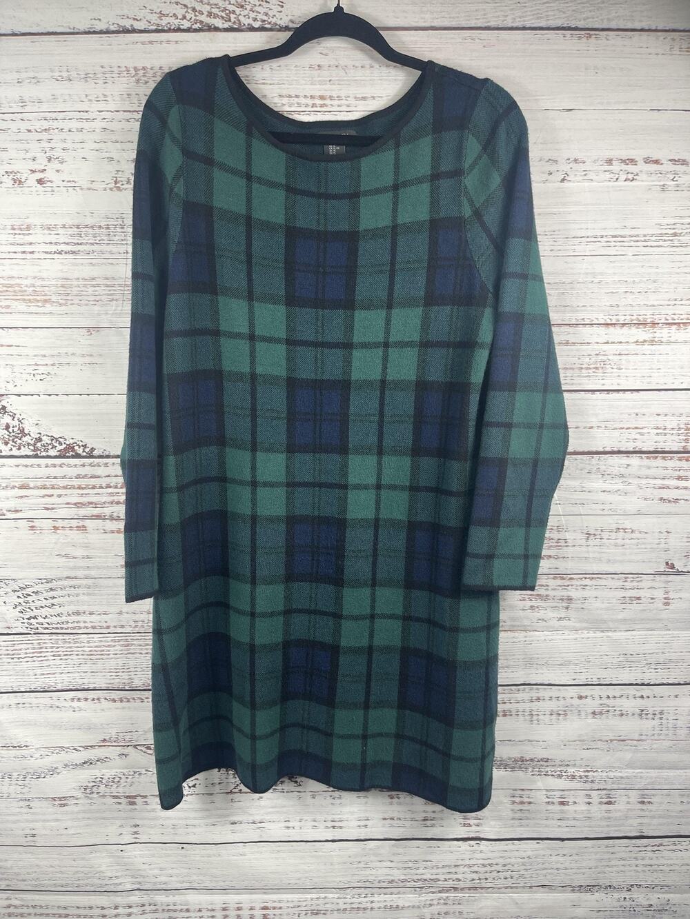 Tahari Sweater Dress Women's SZ XL Green Plaid Knit Shift Scoop Neck Long Sleeve